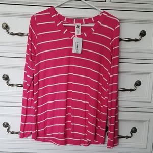 NWT Sew In Love Fuschia Pink & White Stripe Long Sleeve V-Neck Tee - Size Small